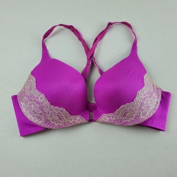 Victoria's Secret Push Up Bra Lace Trim Cross Back Front Close 34C Women Purple - Picture 1 of 10
